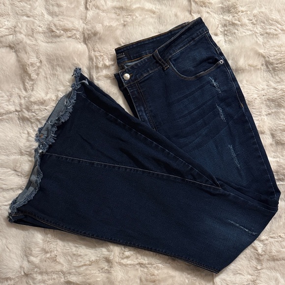 Lucky & Blessed Denim - Lucky & Blessed Dark Blue Flare with Raw Hem Jeans, Size 18